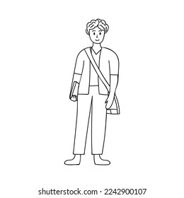 Doodle illustration of standing young male student with bag in one hand and holding with another hand book front view. Young man standing with bag and book hand drawn icon in vector.