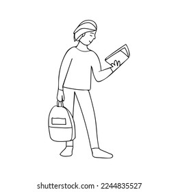 Doodle illustration of standing young male student with bag in one hand and reading book with another hand. Young man standing with bag and book hand drawn icon in vector.