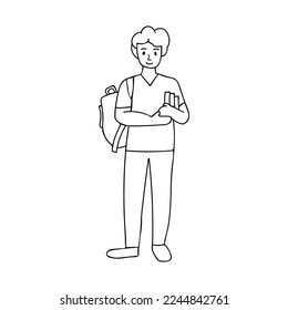 Doodle illustration of standing young male student with backpack in one hand and holding book with another hand front view. Young man standing with backpack and book hand drawn icon in vector.