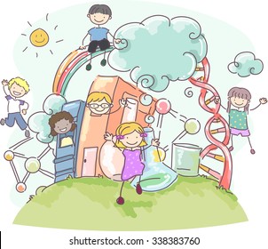 Doodle Illustration of Stickman Kids Surrounded by Science Related Items