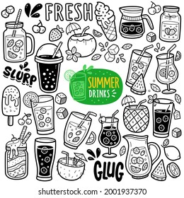 Doodle illustration of summer related beverages and drinks such as coconut water, lemonade, ice cream, pineapple, watermelon, iced tea, smoothie, cocktails, orange juice, etc. 