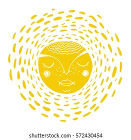 Doodle illustration of summer sun. Hand drawn vector print.