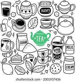 Doodle illustration Tea time concepts   objects such as tea cup  teapot  honey  sugar  cookies  milk  tea leaves  cake etc  Black   white line illustration 