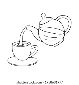 Doodle illustration of teapot pouring tea into the cup. Hand drawn illustration of teapot and cup. Pouring tea into the cup. Doodle illustration of coffee pot with drinking glass.