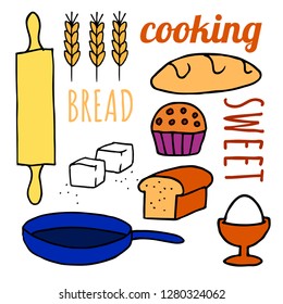 Doodle illustration of things that have to do with cooking, food preparation and confectionery
