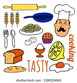 Doodle illustration of things that have to do with cooking, food preparation and confectionery