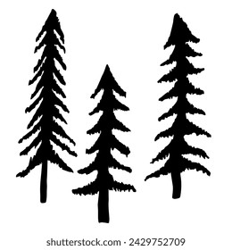 Doodle illustration with three large fir trees. Coniferous forest trees. Monochrome doodle style elements isolated on white background. Hand drawn sketch.