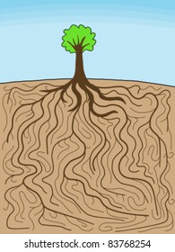 Doodle illustration - tree with gigantic root system. Nature complexity.