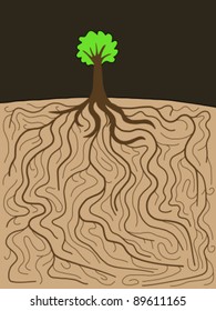 Doodle illustration - tree with gigantic root system. Nature complexity.