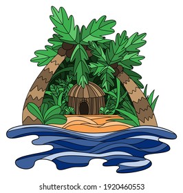 Doodle illustration of a tropcial island with bungalow