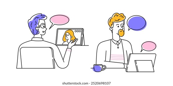 Doodle Illustration Of Two Characters Engaging In A Video Call Using Gadgets. Vector Scene Depicts Casual Communication