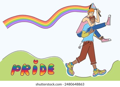 doodle illustration two guys walking on lgbt pride in vector. image for posters, stickers, logo, cards, invitations banner