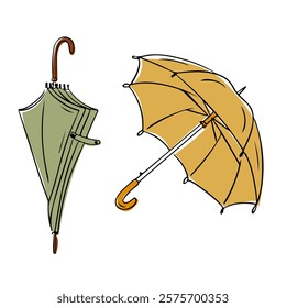 Doodle illustration of two umbrellas, one folded green and one open yellow with a classic wooden handle. Vector drawings isolated on white background