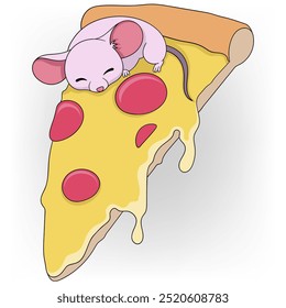 doodle illustration of unhygienic food, baby rat sleeping comfortably on pizza