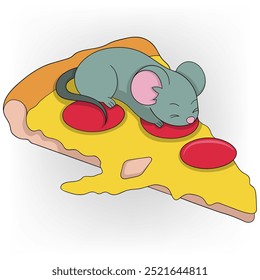doodle illustration of unhygienic food, rat sleeping on delicious pizza