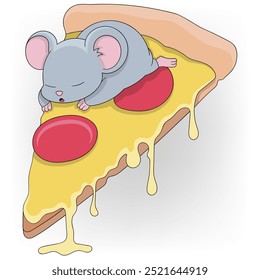 doodle illustration of unhygienic food, rat sleeping on pizza