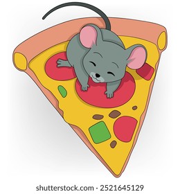 doodle illustration of unhygienic food, sleepy little mouse sleeping on pizza