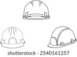 Doodle Illustration vector line art of  construction worker hard hat collection. Industrial Safety Helmet Outline drawing Simple and Clear Design. Labor hat equipment.