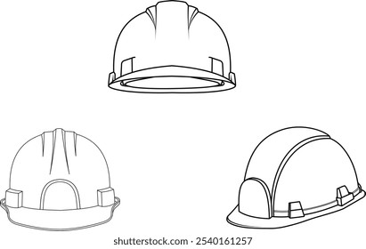 Doodle Illustration vector line art of  construction worker hard hat collection. Industrial Safety Helmet Outline drawing Simple and Clear Design. Labor hat equipment.