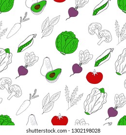 Doodle illustration of vegetables. Seamless pattern with vegetables. Hand drawn vector illustration made in cartoon style.
