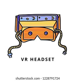 Doodle illustration with virtual reality headset, isolated on white background. Offset color with stripes.