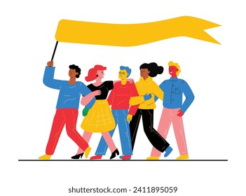Doodle illustration with a vivid embracing people holding a flag on top.
