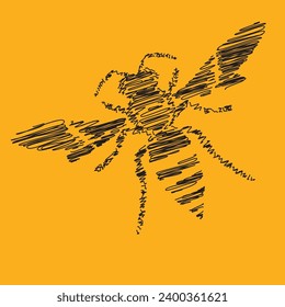 Doodle illustration of wasp isolated on yellow background