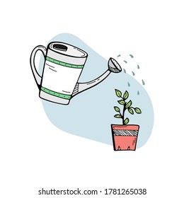 Doodle illustration with a watering can watering a flower. Gardening.