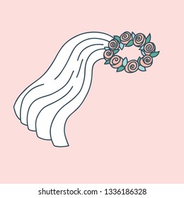 Doodle Illustration Of Wedding Bridal Veil With Rose Flower Crown. Pastel Color Palette On Pink Background. Bachelorette Party Concept. Invitation Card Design Element.