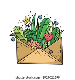 Doodle illustration with wildflowers in an envelope. Flower arrangement, template for design.