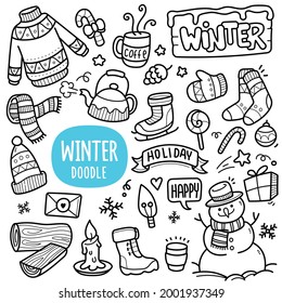 Doodle illustration of winter object and clothes such as sweaters, skis, socks, coffee, fireplace wood, snowman etc. Black and white line illustration.