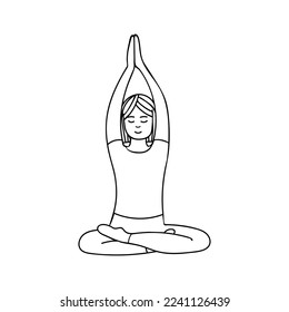 Doodle illustration of woman doing yoga exercise in front view. Young woman doing relaxing yoga meditation hand drawn illustration in vector.