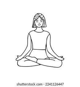 Doodle illustration of woman doing yoga exercise in front view. Young woman doing relaxing yoga meditation exercise hand drawn illustration in vector.