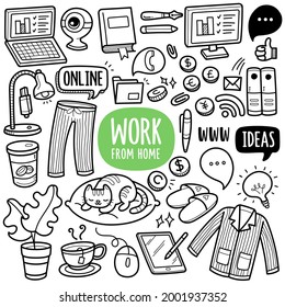 Doodle illustration of work from home equipments, concepts and activity such as web camera, internet, computer, laptop, relax etc. Black and white line illustration.