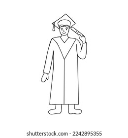 Doodle illustration of young graduated man with mortar board and bachelor gown holding diploma in his hand. Graduated student holding diploma and wearing bachelor gown and hat hand drawn illustration.