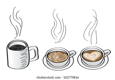 doodle illustrations of coffee drink, black coffee, cappuccino and latte.
