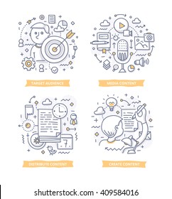 Doodle illustrations of creating, distributing valuable relevant content to attract target audience. Concepts of content marketing for telling brand story, explaining how-it-works process