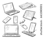 Doodle illustrations of different devices laptop, smartphone, tablet, pc and other. Vector pictures set of device laptop and smartphone