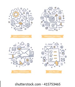 Doodle Illustrations Of Email Automation, Targeting And Conversion. Concepts Of Email Marketing For Telling Brand Story, Explaining How-it-works Process, Showing Company Features
