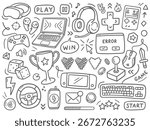 Doodle illustrations of gaming. VR headsets, headphones, joysticks, and retro consoles icons. Vector illustrations on a white background.