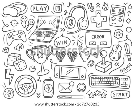 Doodle illustrations of gaming. VR headsets, headphones, joysticks, and retro consoles icons. Vector illustrations on a white background.