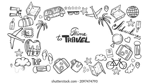 doodle illustrations on theme of time to travel. The illustrations are isolated on a white background.