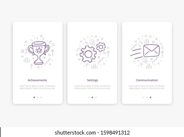 Doodle illustrations on three themes: Achievements, Settings and Communication. Vector with objects and text can be used in education, bank, It, SaaS, finance, marketing and other business areas.