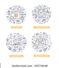 Doodle illustrations of online video marketing analytics, promotional video and video tutorial. Concepts of video marketing for telling brand story, explaining how-it-works process, company features