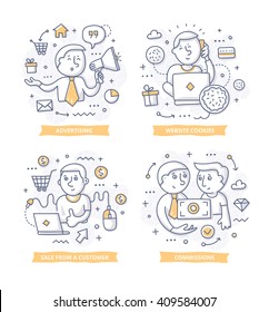 Doodle illustrations of promoting companies products for commission. Concepts of affiliate marketing for telling brand story, explaining how-it-works process, showing company features