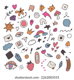 Doodle illustrations set. Doodles, stars, sparkles, hearts, decorations, frames, speech bubbles, arrows, check boxes, spiral, egg, light bulb. Vector illustration