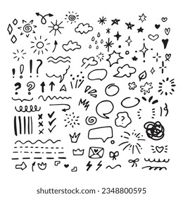Doodle illustrations set. Doodles, stars, sparkles, hearts, decorations, frames, speech bubbles, arrows, check boxes, spiral, egg, light bulb. Vector illustration