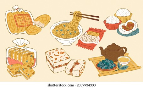 Doodle illustrations of Taiwanese classic food and snacks, including sweet pastries, noodles and herbal tea drink