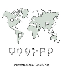 Doodle illustrations of world map with hand drawn pins. Vector pictures isolate. World map hand drawn and collection of pins