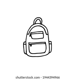 Doodle image of a backpack. Hand-drawn image for print, sticker, web, various designs. Vector element for the themes of travel, vacation, tourism.
